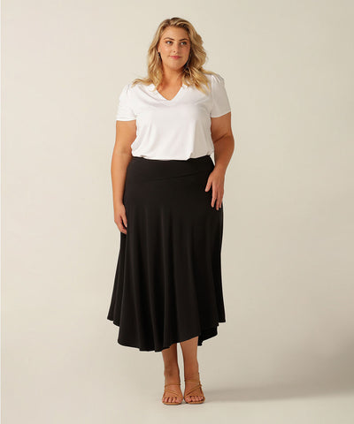 a comfortable jersey maxi skirt with asymmetric hem, the Germain Skirt is perfect for work or weekend and your travel wardrobe. Made in Australia in petite to plus sizes.