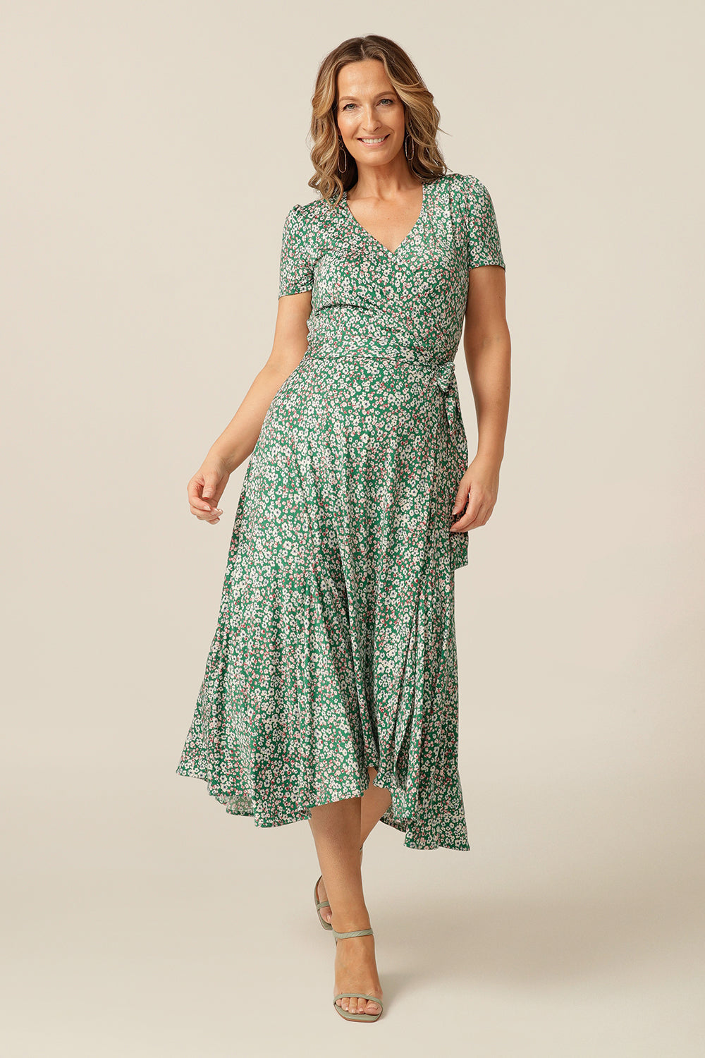 wrap jersey dress with gathered short sleeves and full skirt - best dress for summer occasionwear  and weddings. Made in Australia for petite to plus sizes.