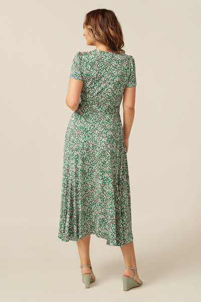 wrap jersey dress with gathered short sleeves and full skirt - best dress for summer occasionwear  and weddings. Made in Australia for petite to plus sizes.