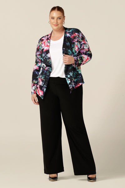 Made in Australia, this is an abstract, floral print jacket on a black scuba base. Worn with black straight leg pants and a white top in bamboo jersey, this jacket creates easy elegant workwear or smart-casual weekend wear.