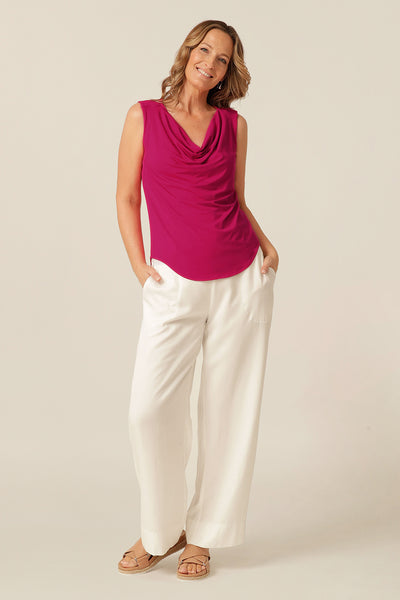 sleeveless bamboo jersey top with soft cowl-neck. Made in Australia for petite to plus size women.