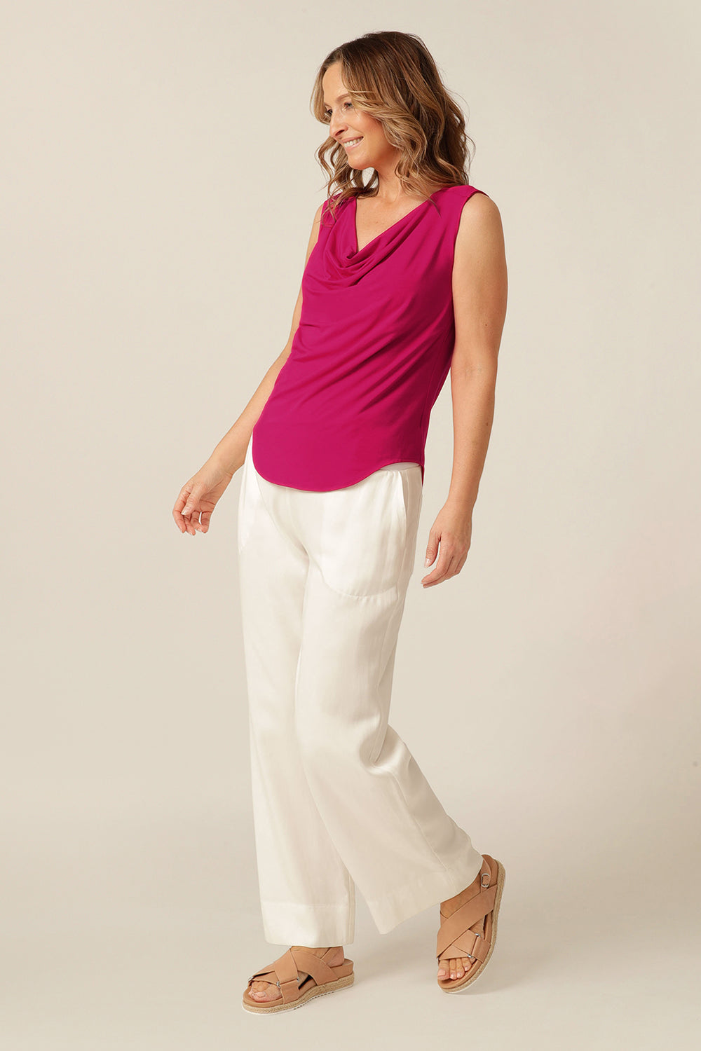 sleeveless bamboo jersey top with soft cowl-neck. Made in Australia for petite to plus size women.