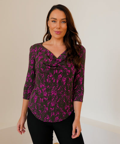 Flattering cowl-neck top with 3/4 length sleeves