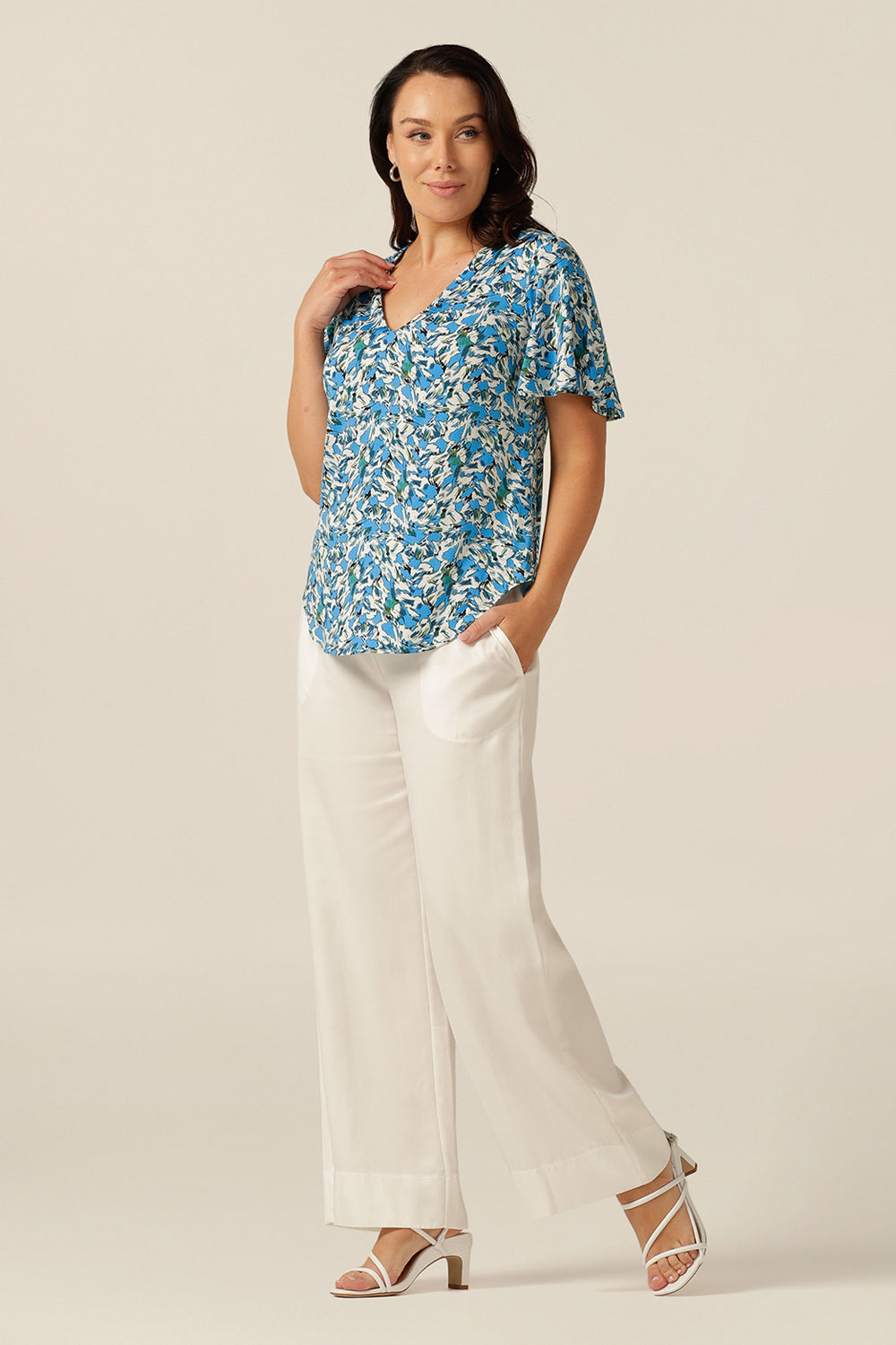 V-neck jersey top with flutter sleeves, made in Australia
