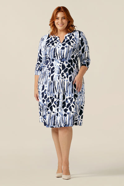 Women of Australia and New Zealand, this Nova Dress is tailored in stretch jersey for a comfortable work wear dress that's easy to wear all day. With 3/4 sleeves, side pockets and V-neck, this dress is a modest business dress for sizes 8 to size 24. This dress is made in Australia.