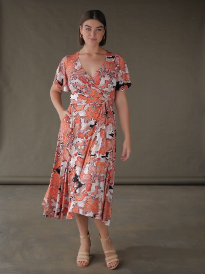 summer wrap dress with flutter sleeves and pockets