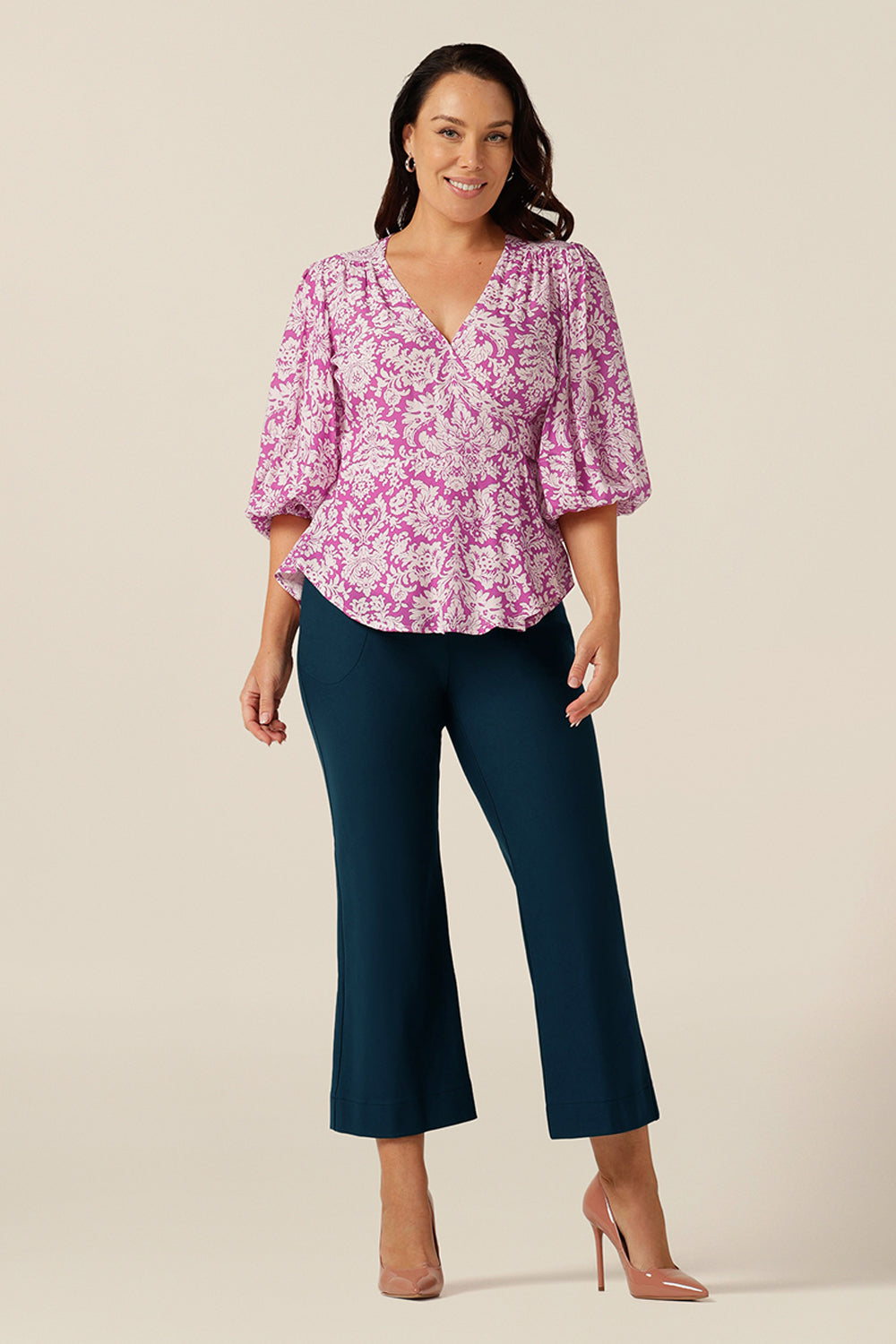 wrap top with 3/4 puff sleeves, made in Australia in eco-conscious fabric for petite to plus size women.