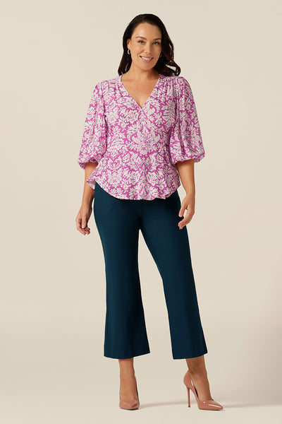 wrap top with 3/4 puff sleeves, made in Australia in eco-conscious fabric for petite to plus size women.