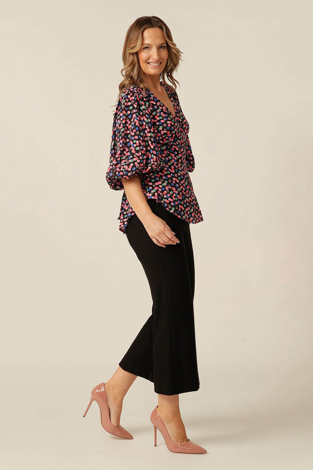 wrap top with 3/4 puff sleeves, made in Australia in eco-conscious fabric for petite to plus size women.