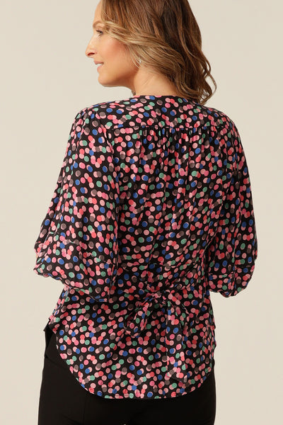 wrap top with 3/4 puff sleeves, made in Australia in eco-conscious fabric for petite to plus size women.