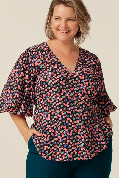 wrap top with 3/4 puff sleeves, made in Australia in eco-conscious fabric for petite to plus size women.