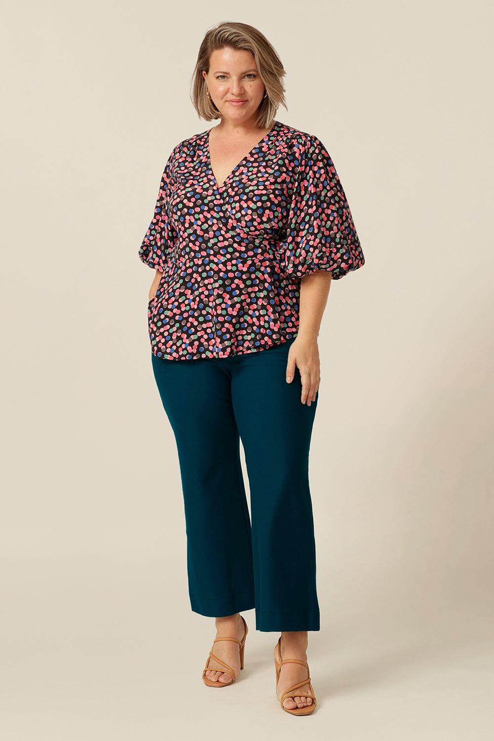 wrap top with 3/4 puff sleeves, made in Australia in eco-conscious fabric for petite to plus size women.