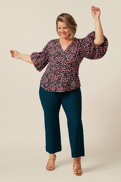 wrap top with 3/4 puff sleeves, made in Australia in eco-conscious fabric for petite to plus size women.