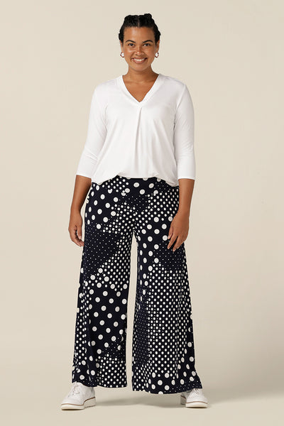 wide leg pants for curvy women, these navy and white spot print trousers are worn with a 3/4 white top in bamboo jersey.