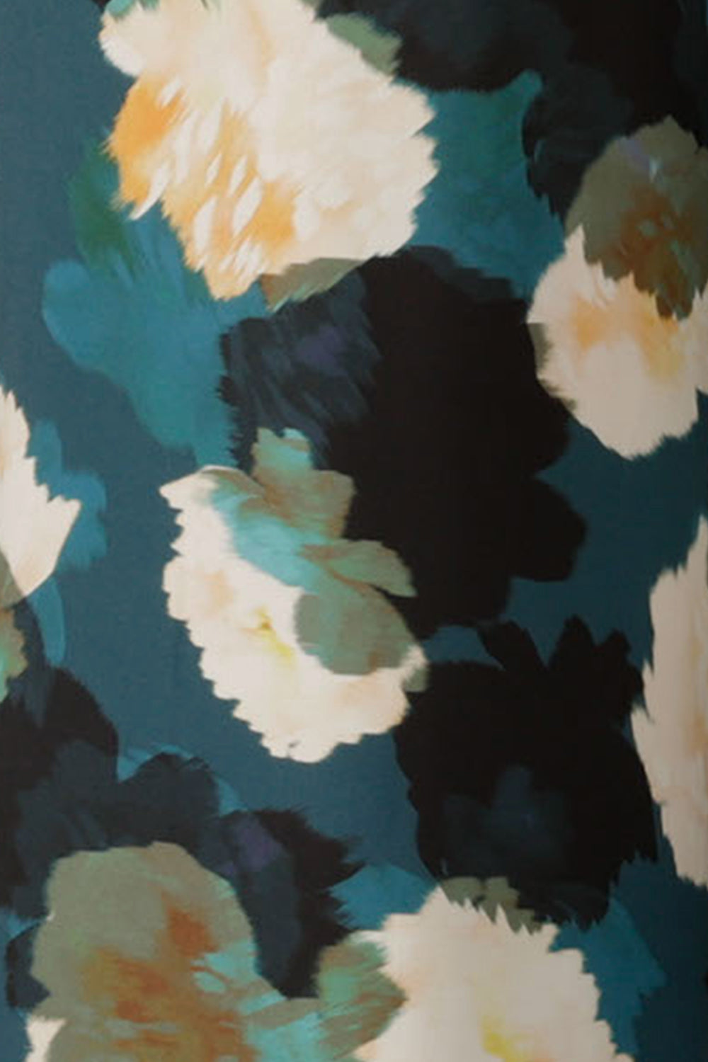 swatch of australian and new zealand women's clothing brand, L&F's sustainable Tencel fabric in a navy, teal and white digital print, and used in a range of women's corporate wear wide leg pants and jacket