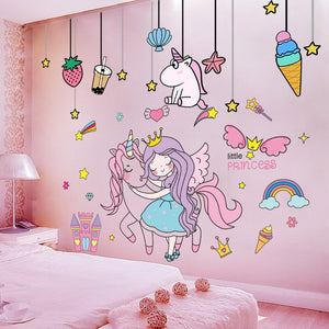 Cartoon Girl Wall Stickers DIY Unicorn Animal Stars Wall Decals for Kids Bedroom Baby Room House Decoration