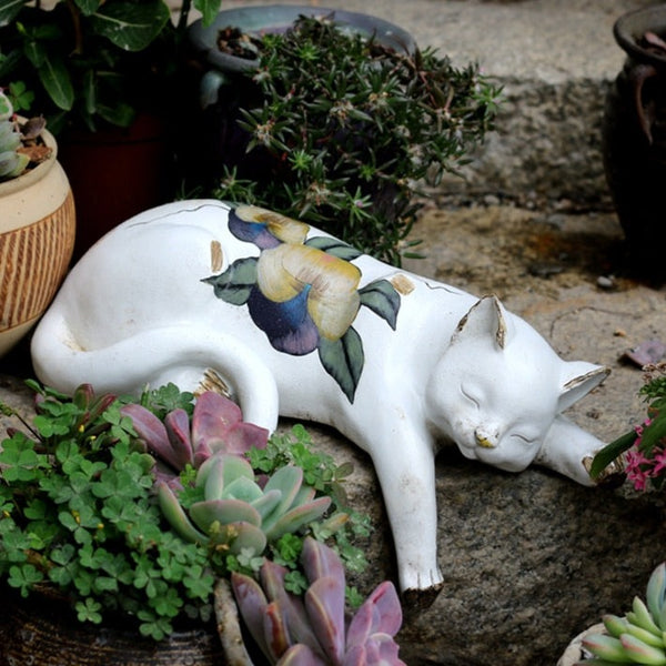 Lazy Cat Sculpture Animal White Cat Statue