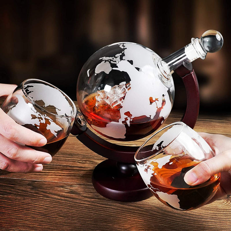 Creative Globe Decanter Set with Lead-free Carafe Exquisite Wood-stand and 2 Whisky Glasses