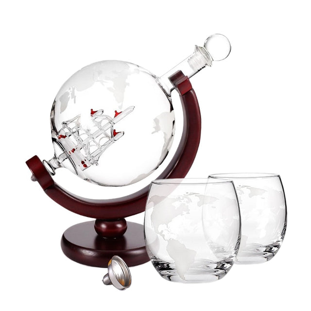 Creative Globe Decanter Set with Lead-free Carafe Exquisite Wood-stand and 2 Whisky Glasses