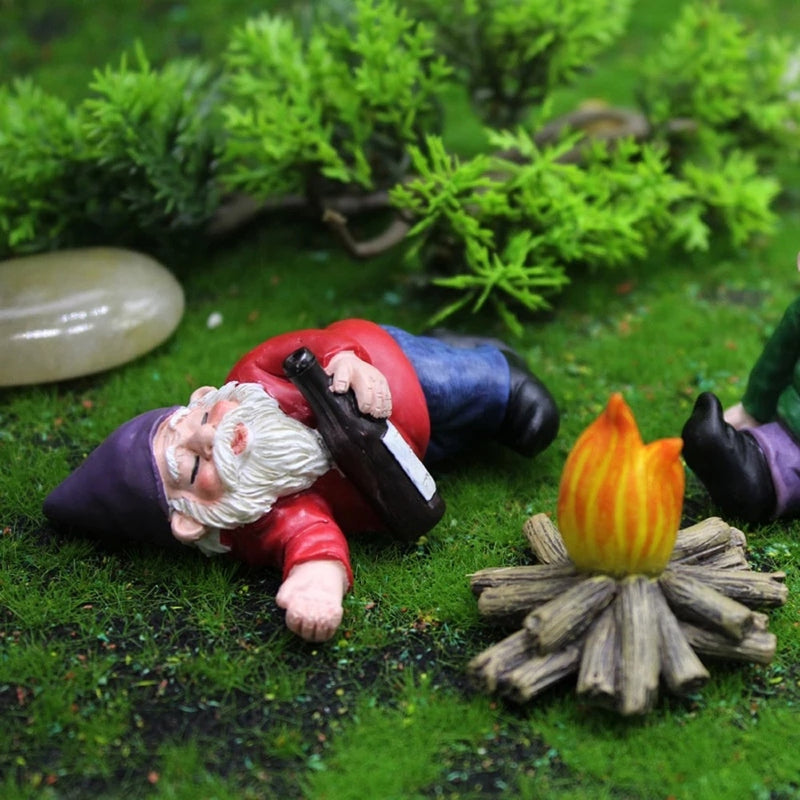 Fairy Garden Drunk Gnomes Miniature Ornaments Set