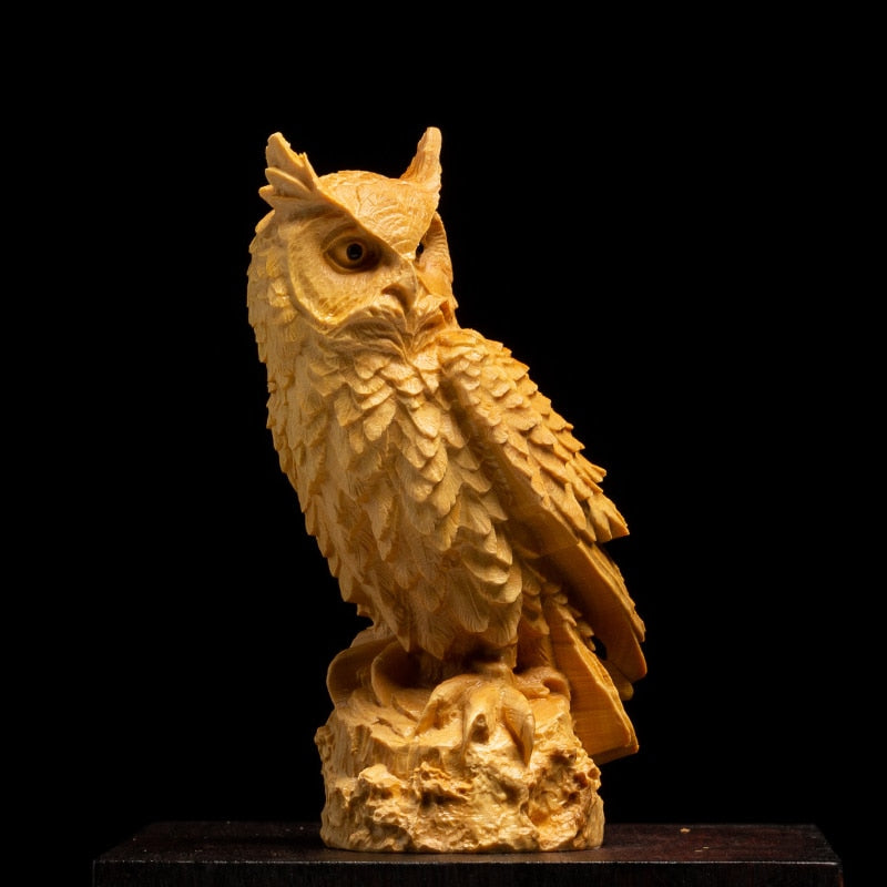 Owl Sculpture Solid Wood Animal Statue