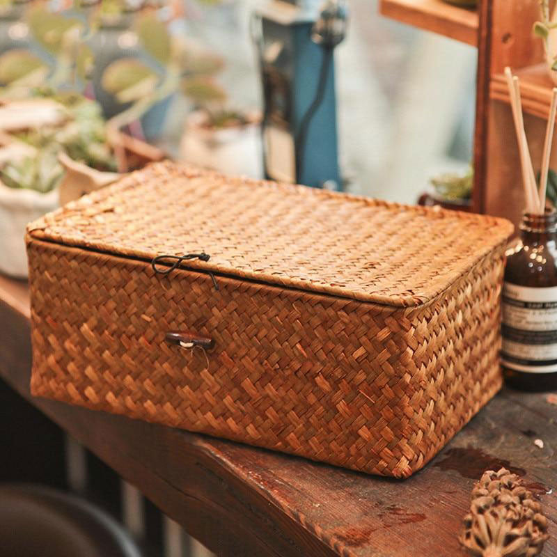 Woven Storage Basket Lid Rattan Sundries Classic Seagrass Wicker Box