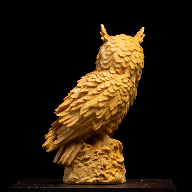 Owl Sculpture Solid Wood Animal Statue