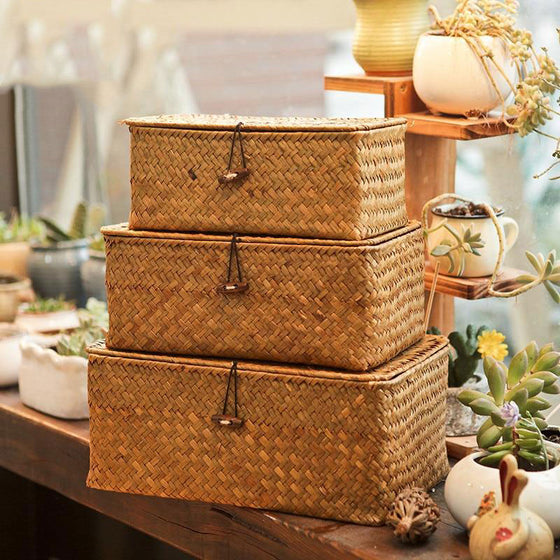 Woven Storage Basket Lid Rattan Sundries Classic Seagrass Wicker Box