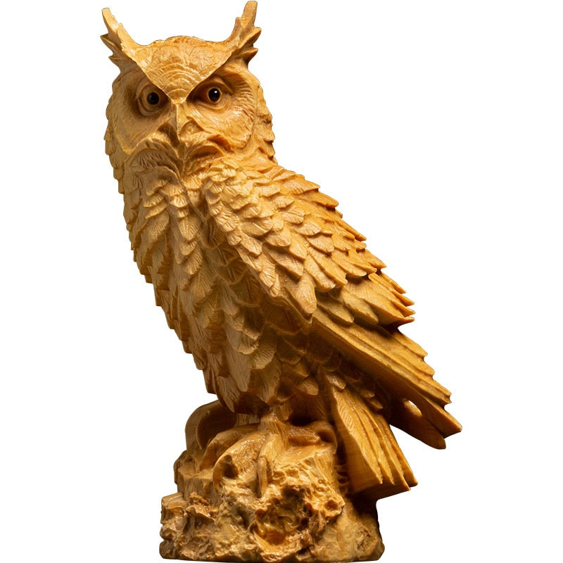 Owl Sculpture Solid Wood Animal Statue