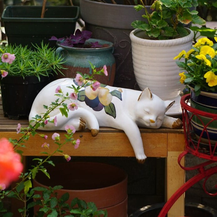 Lazy Cat Sculpture Animal White Cat Statue