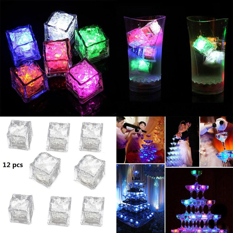 12pcs LED Ice Cubes Lights Multicolor LED Liquid Sensor Ice Cubes Lamp LED Glow Light Up for Bar Club Wedding Party Champagne