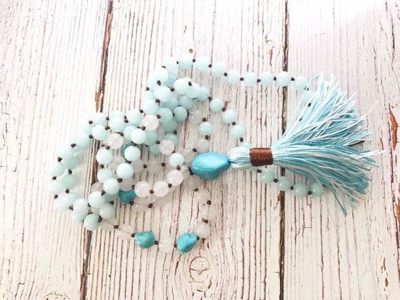 108 mala beads Necklaces Hand Knotted White jades necklace Bule Meditation Necklaces tassel necklace Yoga Mala Bead best gift