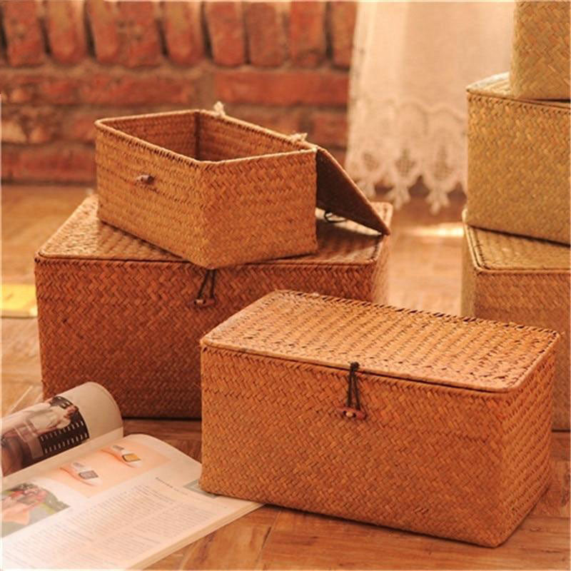 Woven Storage Basket Lid Rattan Sundries Classic Seagrass Wicker Box