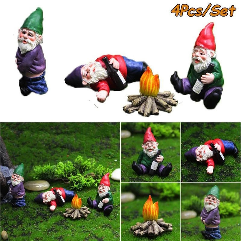 Fairy Garden Drunk Gnomes Miniature Ornaments Set