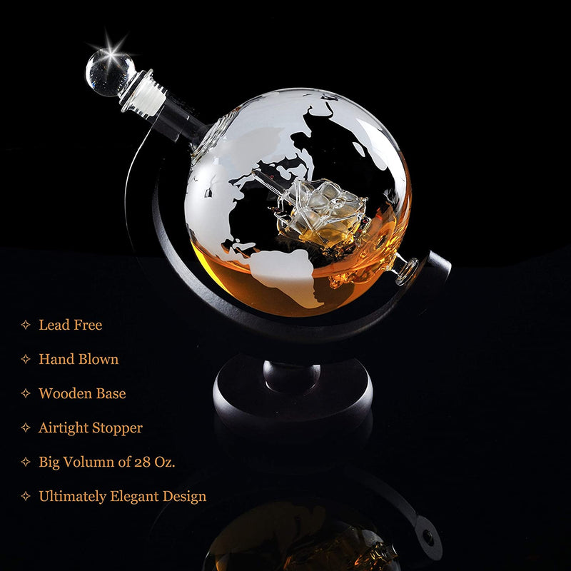 Creative Globe Decanter Set with Lead-free Carafe Exquisite Wood-stand and 2 Whisky Glasses