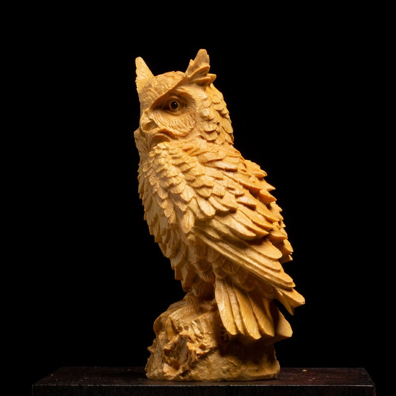 Owl Sculpture Solid Wood Animal Statue