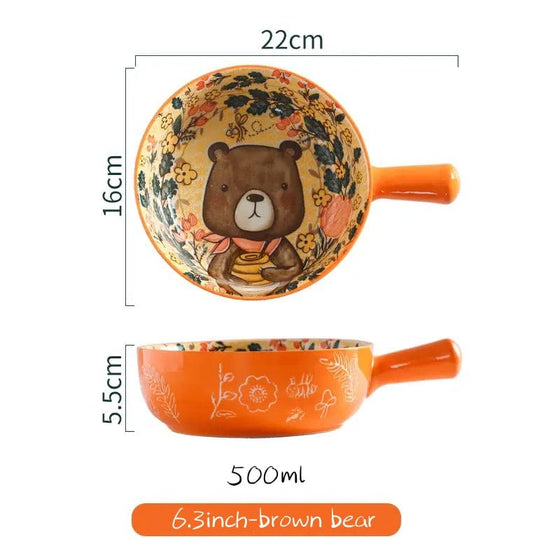 Single Handle Ceramic Bowl Noodle Bowl Forest Animal Design Large Bowl Creative Restaurant Household Flower Bowl Home Decoration