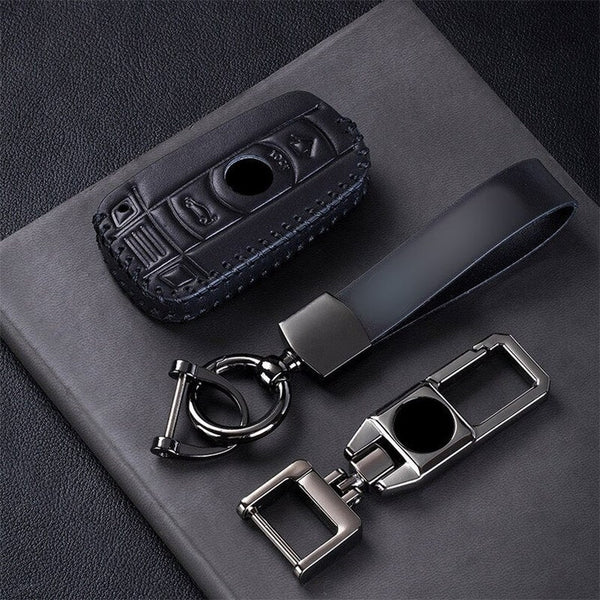 Premium Leather Car Key Cover For BMW E90 E60 E70 E87 3 5 6 - Bumper Key Protection with 2 Leather Keychain For BMW Series M3 M5 X1 X5 X6 Z4