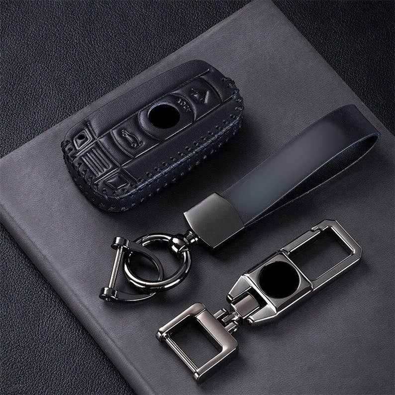 Premium Leather Car Key Cover For BMW E90 E60 E70 E87 3 5 6 - Bumper Key Protection with 2 Leather Keychain For BMW Series M3 M5 X1 X5 X6 Z4
