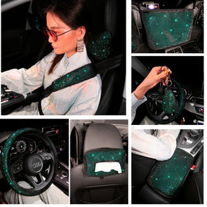 Olive Green Luxury Car Steering Wheel Cover - Hand Break Cover - Headrest Pillow Cover - Shoulder Pad Cover - Car Accessories