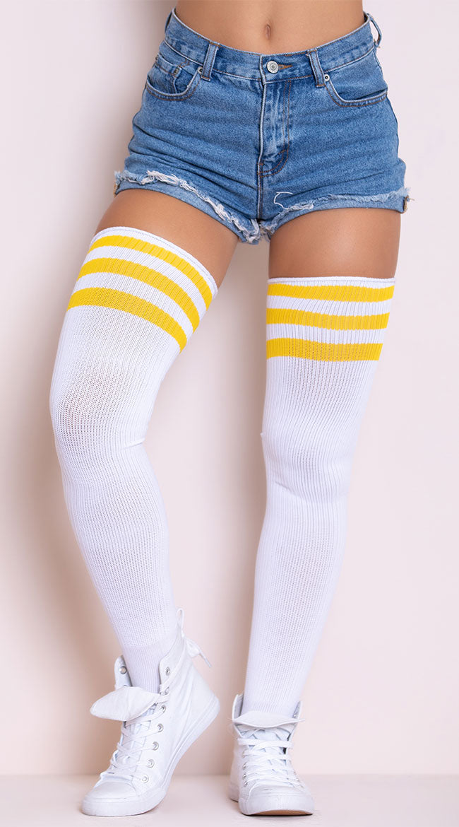 Leg Avenue Neon Pink or Yellow Stars and Stripes Thigh Highs e 