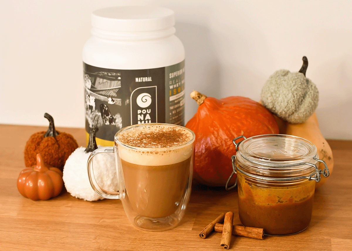 Pounamu Protein spice latte, with pumpkins and protein powder