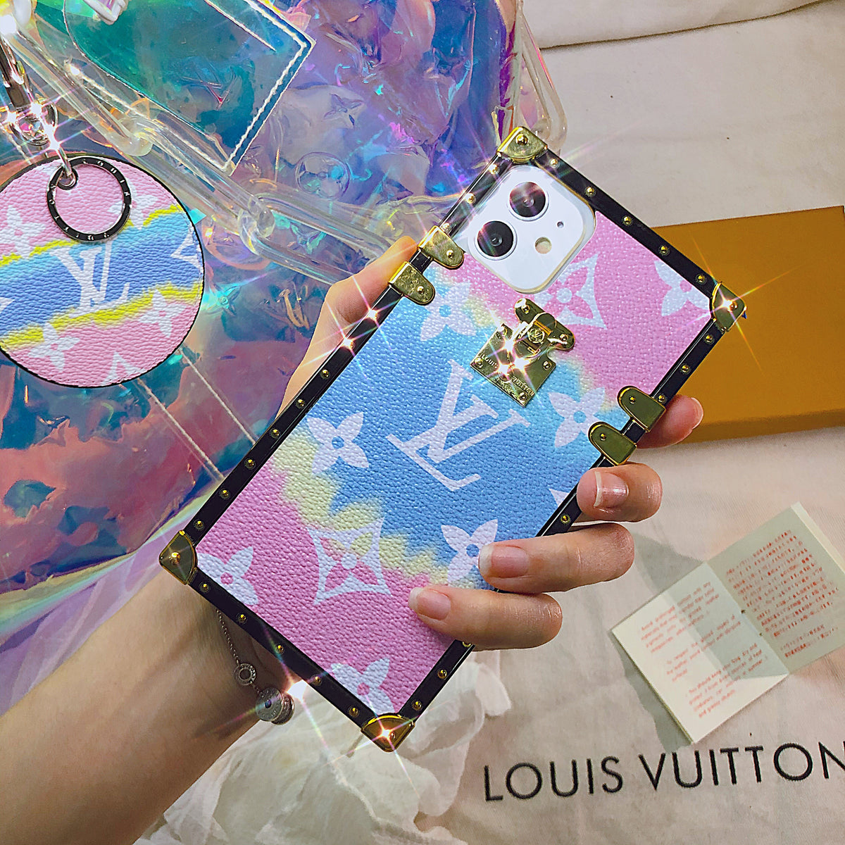 Holographic LV Phone Case with Gold Chain