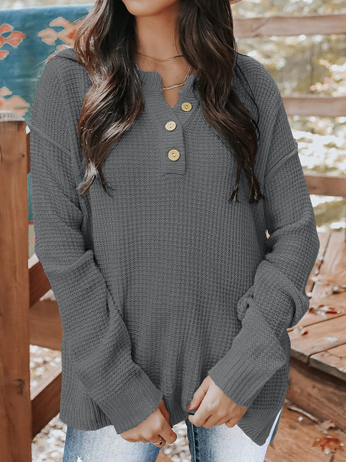 Waffle-Knit Quarter Button Dropped Shoulder Sweater - Cupid Beauty Supplies