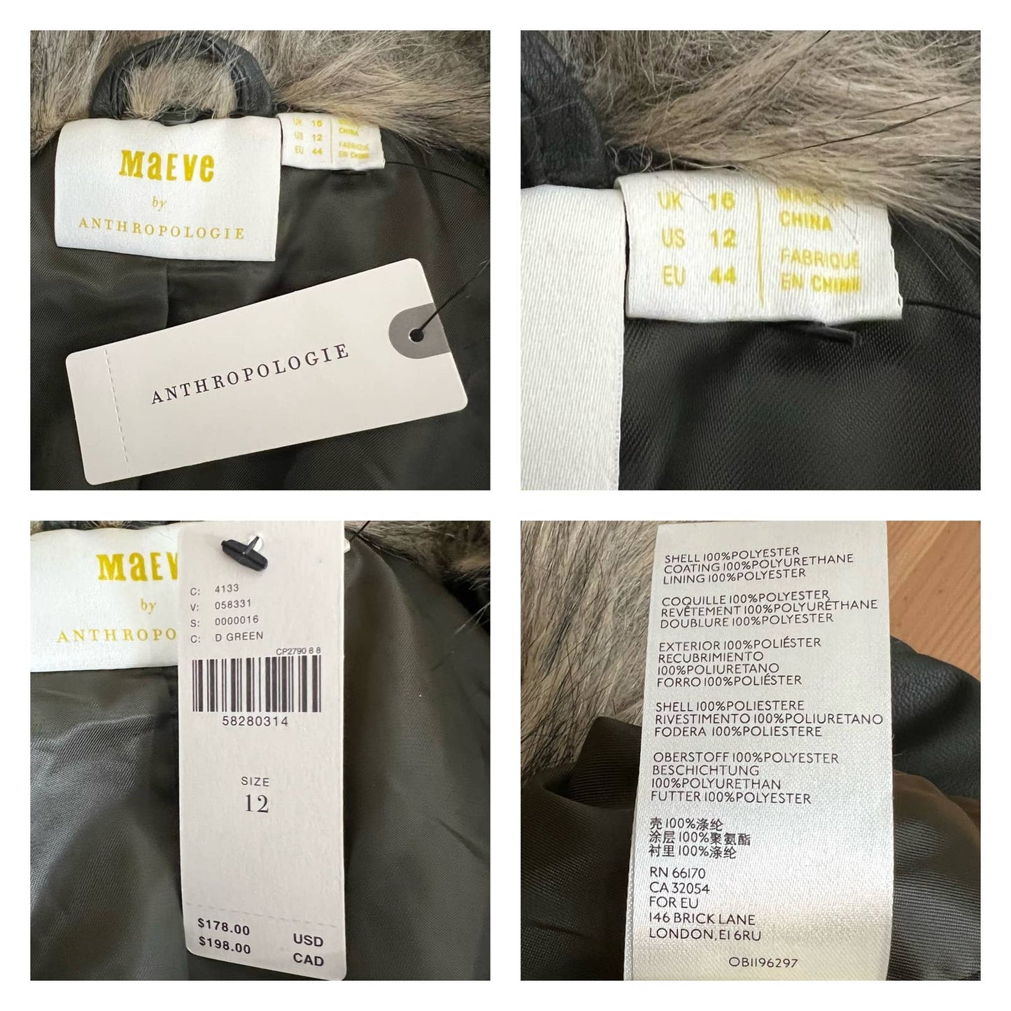Anthropologie Maeve Faux Leather Jacket Size 12 NWT $178 Olive Fur Collar Coat