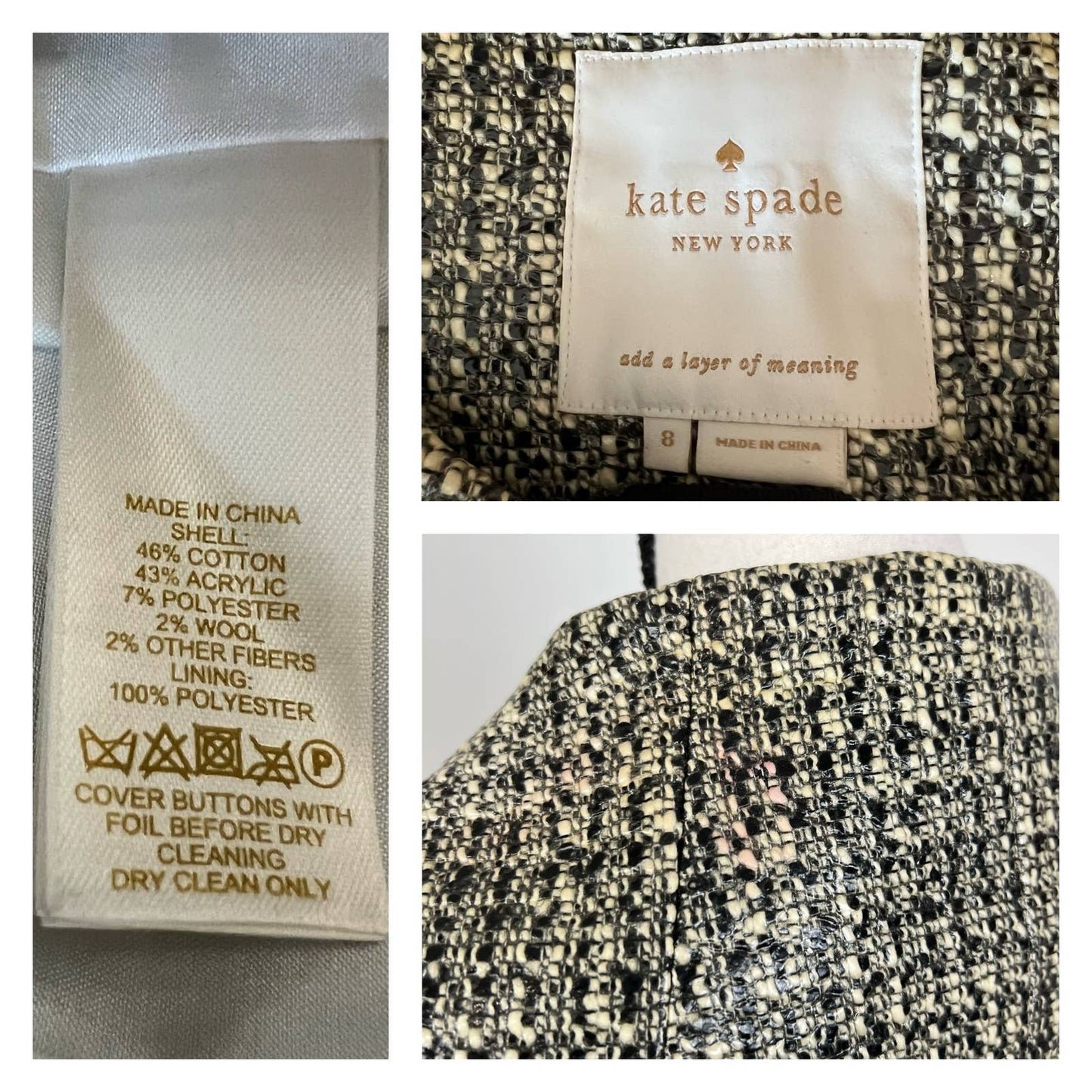 Kate Spade Erika Tweed Waterproof Coat Size 8 Oversized Button Front Raincoat