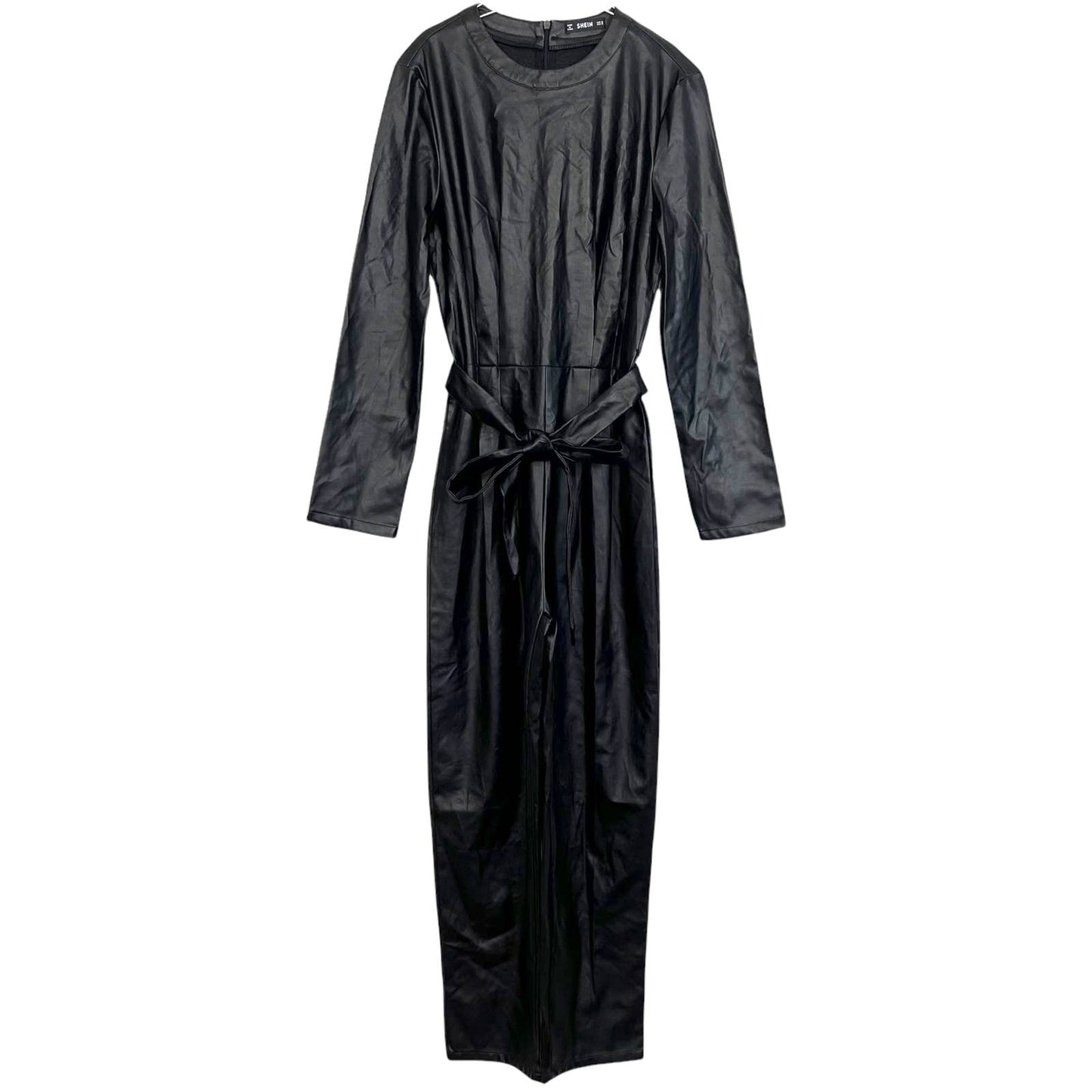 Shein Faux Leather Jumpsuit Sz M NWOT Belted Long Sleeved Party Club Black Vegan