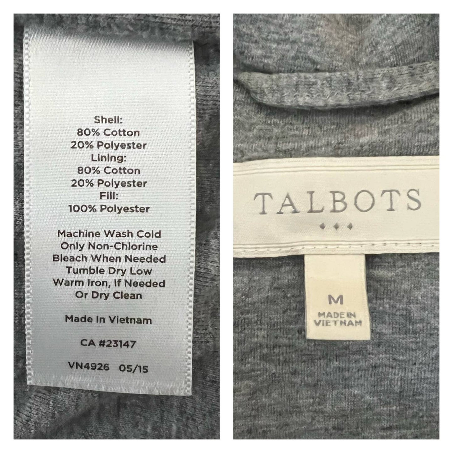 Talbots Gray Quilted Puffer Vest Sz M Zip Up Cotton Blend Knit Sleeveless Jacket