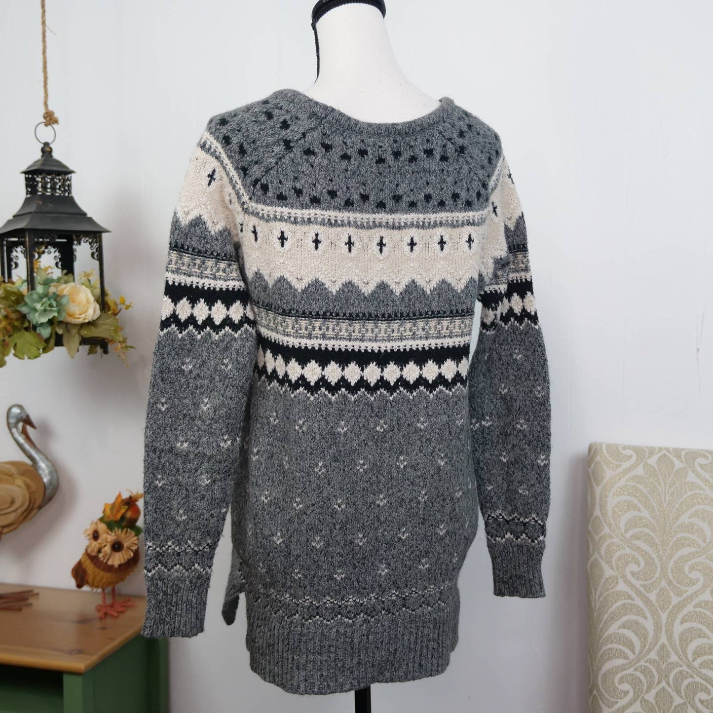 American Eagle Fair Isle Sweater Sz S Grey Chunky Thick Knit Nordic Cotton Wool