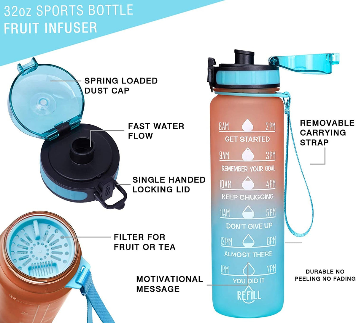 1 Litre Large BPA Free Sport Gym Training Drink Water Bottle Cap Kettle ~ ZTT! 